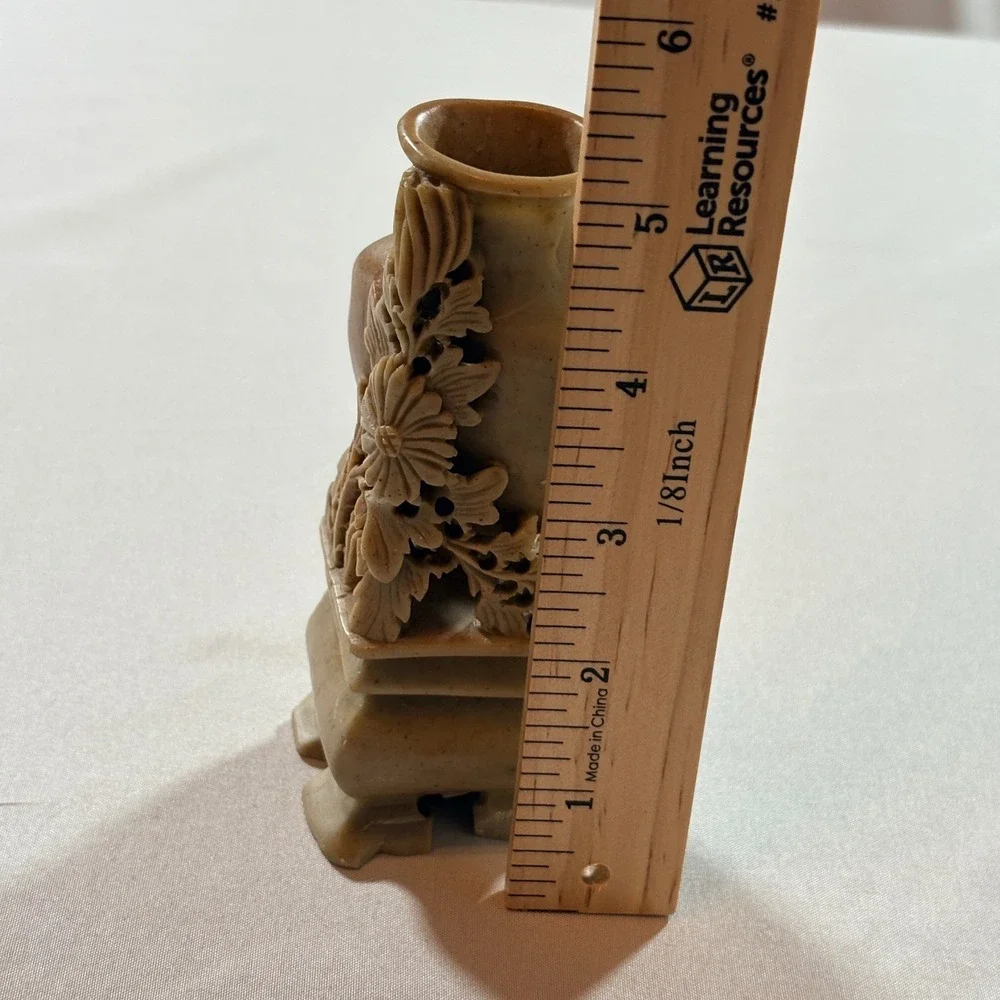 Vintage Hand Carved Soapstone Bud Vase Chinese Floral Relief Tan 5.5 Inch